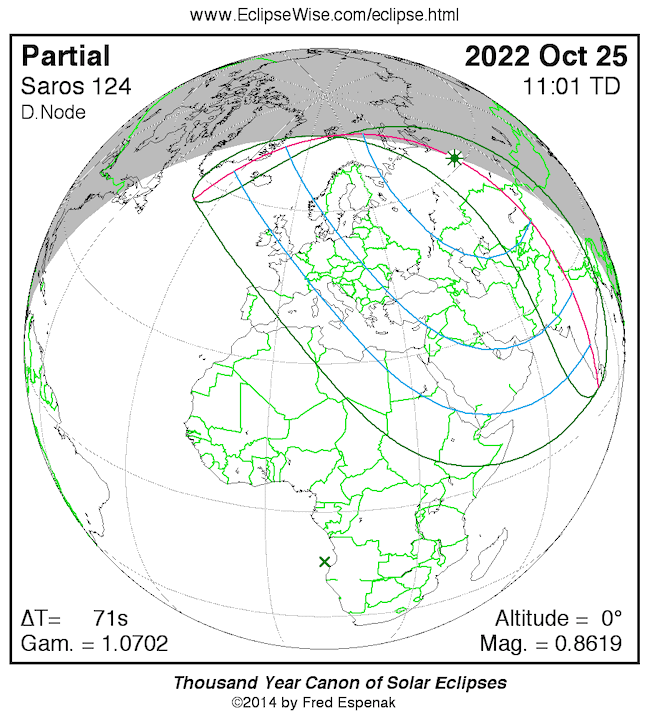 Globe with continents and nations outlined and long sweeping arcs showing path of eclipse.