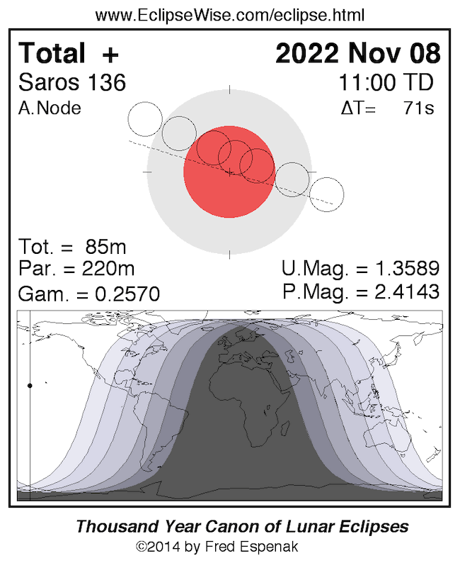 Map of world with eclipsed portion shown, with diagram of Earth and moon above.