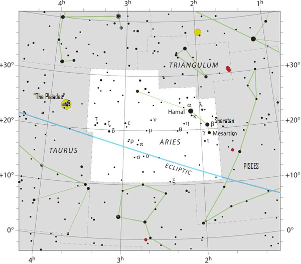 Chart with many green lines that form constellations, and many black dots for stars. Aries is in the middle.