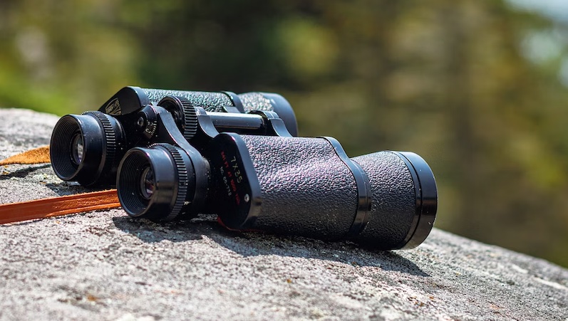 Binoculars for stargazing: Binoculars on top of a large rock.