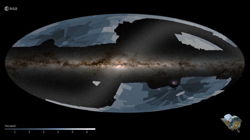 Euclid: A dark oval with a bright streak across it (the Milky Way) and blue and gray patches over part of it.