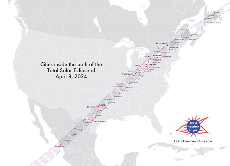 Map of North America with path of total eclipse and names of many cities inside the path.