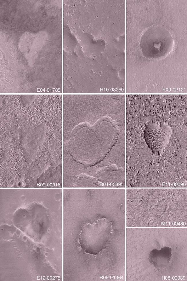 Orbital view of 10 varied heart-shaped craters in pinkish landscapes.