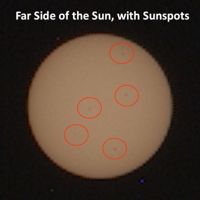 Dull red ball, with circles around dark splotches (the sunspots).