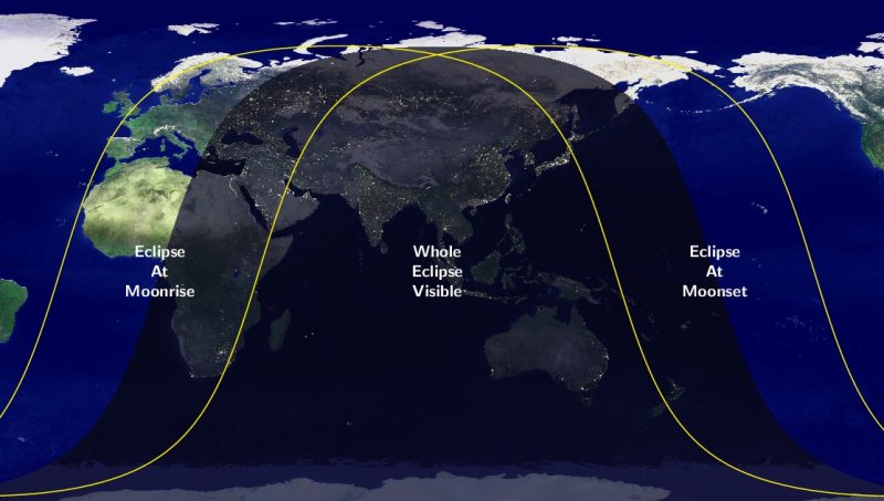 World map with large Eastern Hemisphere area in darkness and lighter areas to sides of it.