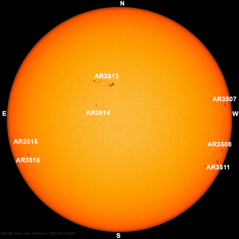 The sun, seen as a large yellow sphere with dark spots, each labeled.