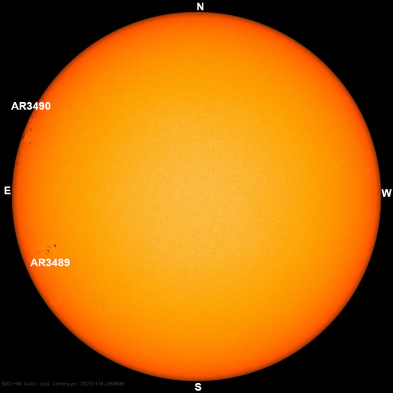 The sun, seen as a large yellow sphere with dark spots, each labeled.