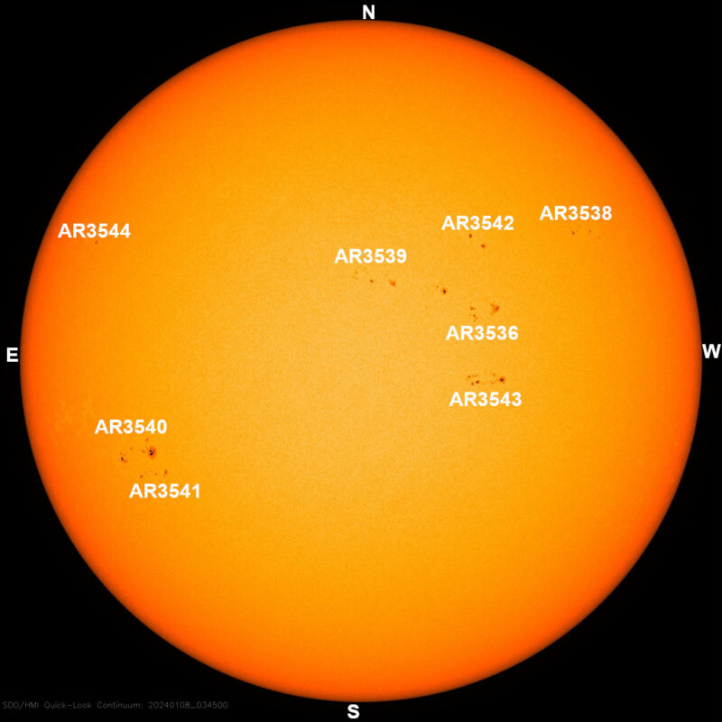 The sun, seen as a large yellow sphere with dark spots, each labeled.