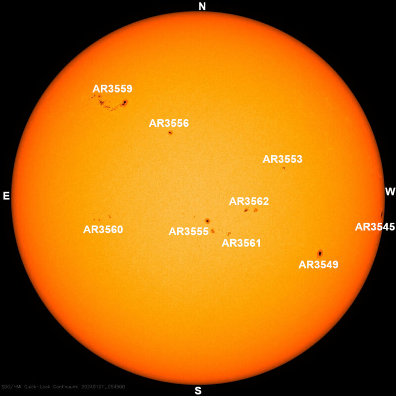 The sun, seen as a large yellow sphere with dark spots, each labeled.