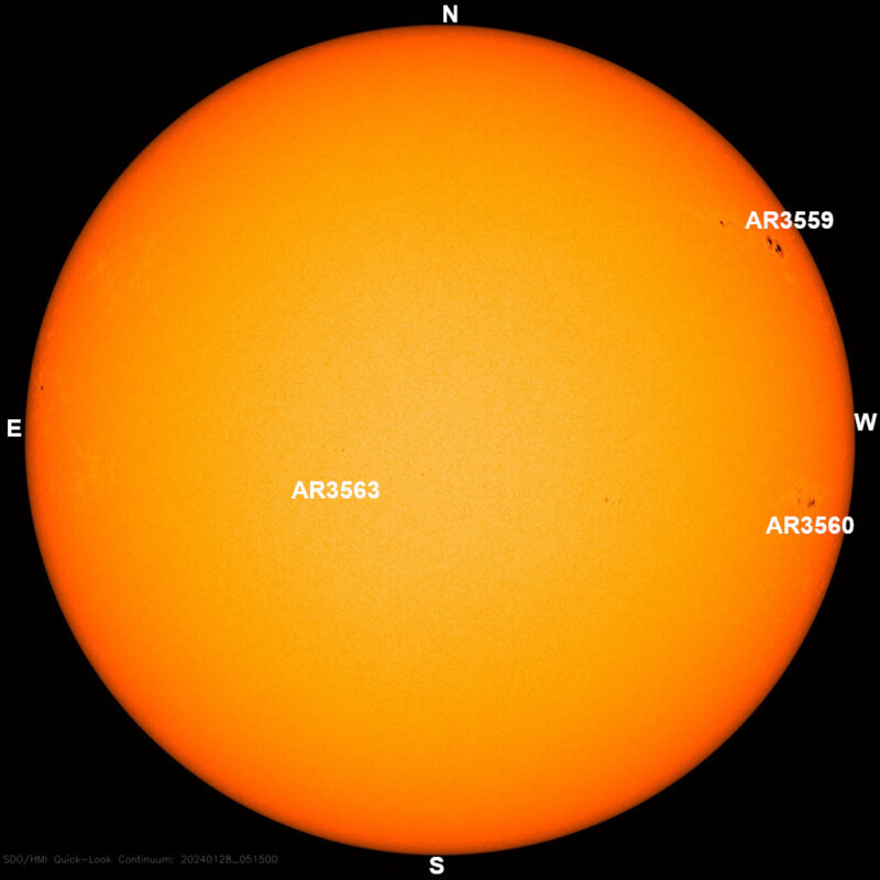 The sun, seen as a large yellow sphere with dark spots, each labeled.