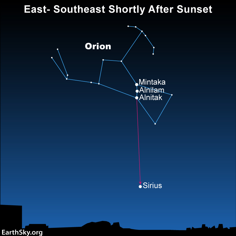 Dots and lines tracing the shape of Orion, with an arrow pointing from the belt to Sirius near the horizon.