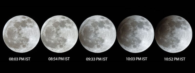 Five moon images showing sublte progress of penumbral lunar eclipse.