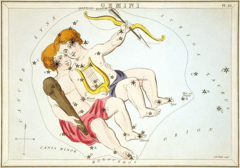 Antique color etching of seated twin boys with lyre, club and bow in a star field.