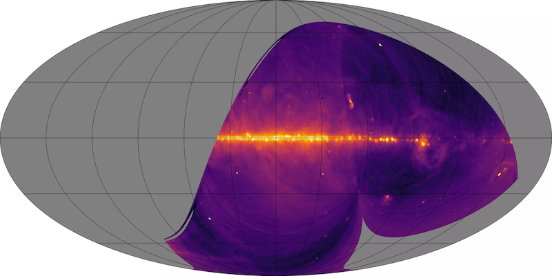 SKA telescope: Gray oval with grid lines and a horizontal yellow-orange streak partway across it.