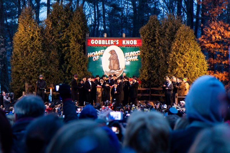 Large crowd in front of a billboard with a picture of a groundhog on it.