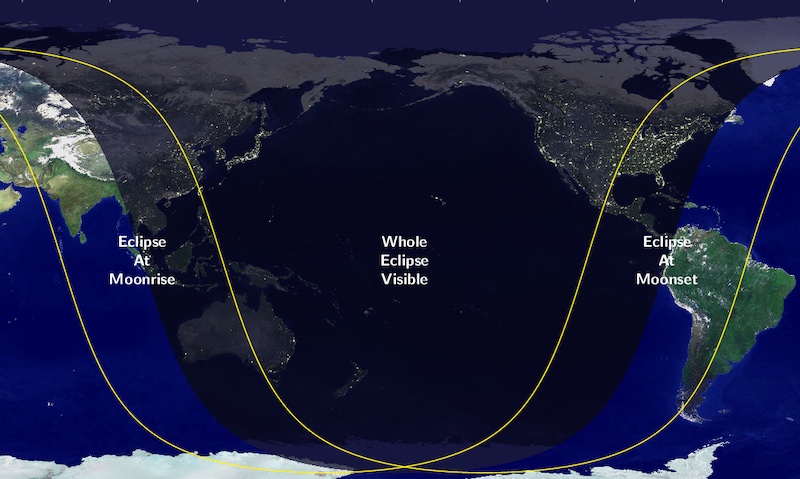 Total lunar eclipse: Map of the Earth showing dark area mostly over the Pacific Ocean.