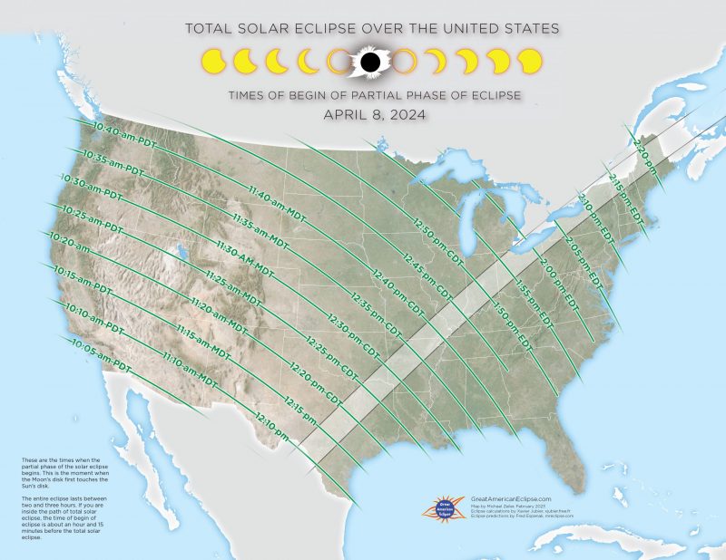 Map of U.S. with path of totality crossed by lines annotated with times.