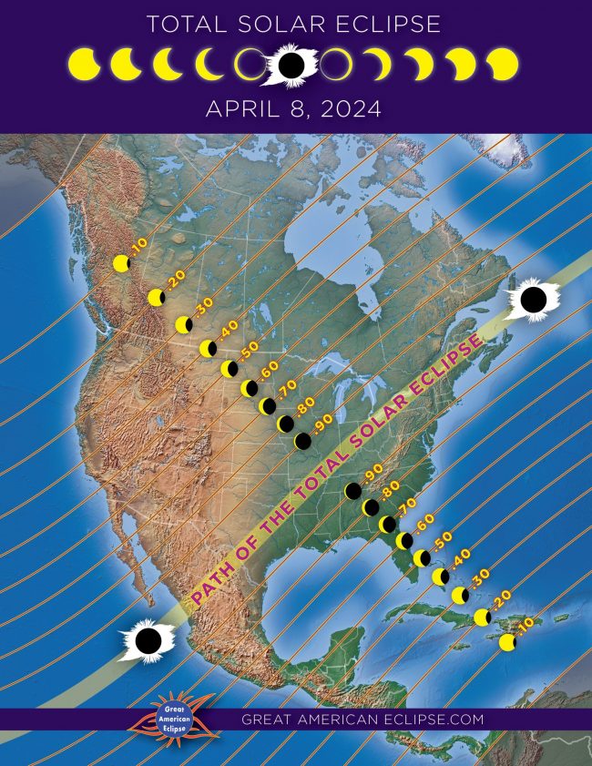 Map of U.S. with path of eclipse plus little sun icons showing how deep the eclipse will be at different locations.