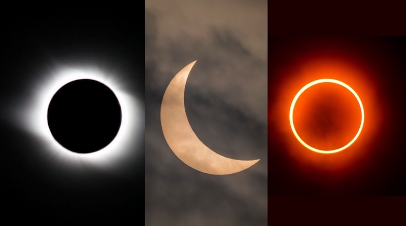 Black circle with fuzzy white rim, bright crescent, thin brilliant ring in fuzzy orange circle.