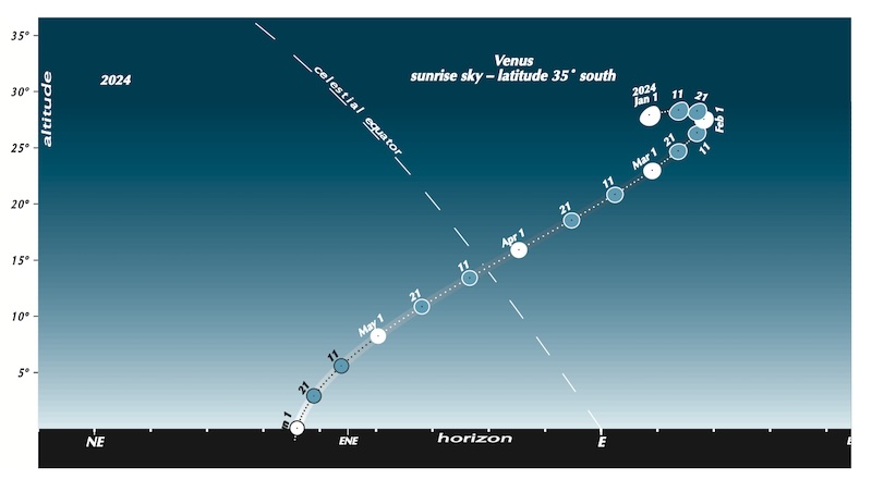 Diagram: Path of Venus over horizon, a pointy arc, with planet's phases with their dates shown along it.