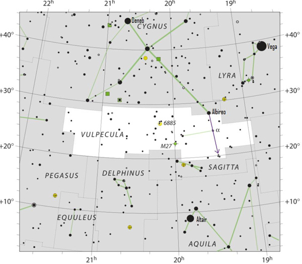 Star chart of constellation Vulpecula with stars in black on white.