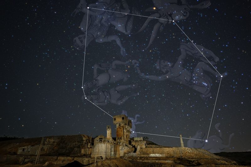 Night sky scene with heptagon and figures of 6 constellations superimposed over starry sky.