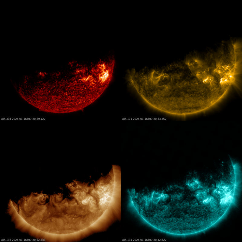 four panels, red, gold, brown, and teal spheres respectively that have a partial shadow over their top left.