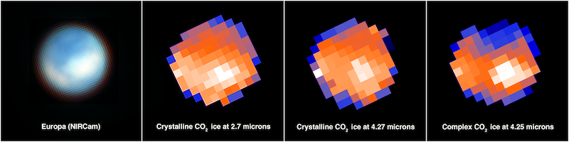 4 panels: blue and white sphere and 3 white, orange and blue pixelated spheres on black background.