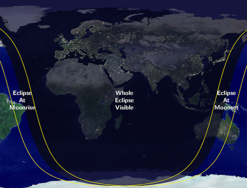 Map with large black area over Europe, Africa, Asia and the west part of Australia.