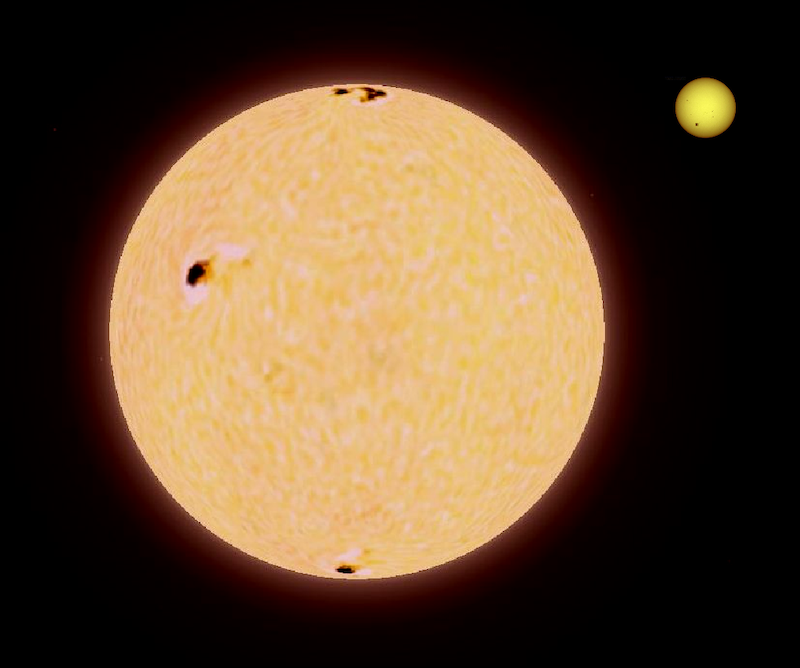 Two spheres with sun-like spots, one much much bigger than the other.